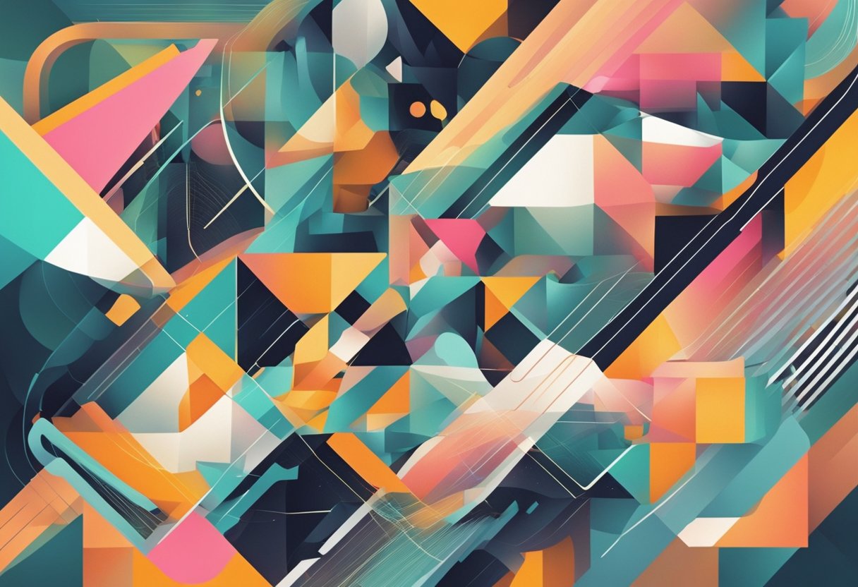 A dynamic, abstract composition of geometric shapes and lines in various colors, moving and intertwining to convey the concept of storytelling through motion graphics