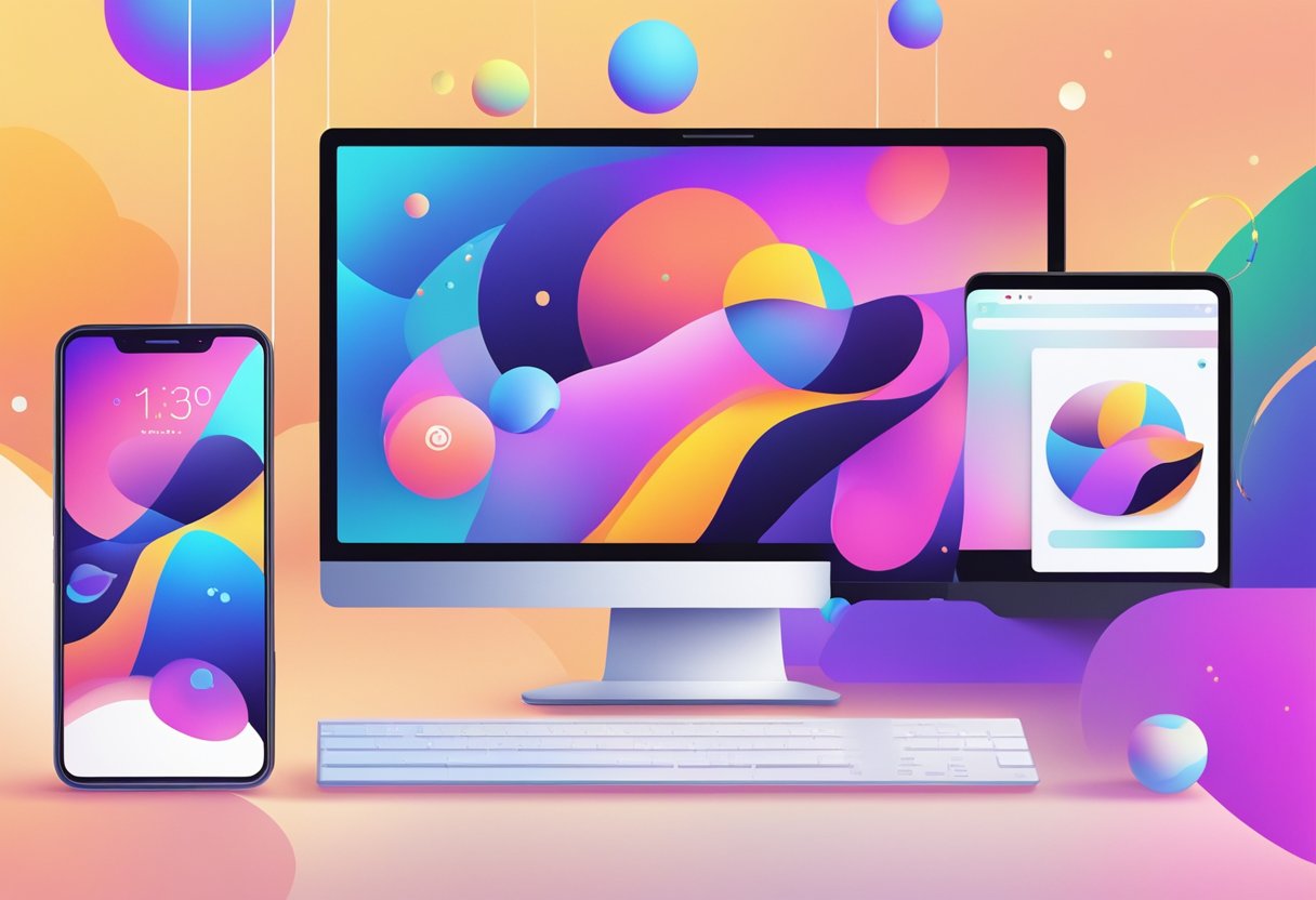 A mobile phone and a computer screen side by side, surrounded by vibrant and dynamic animations emanating from both devices