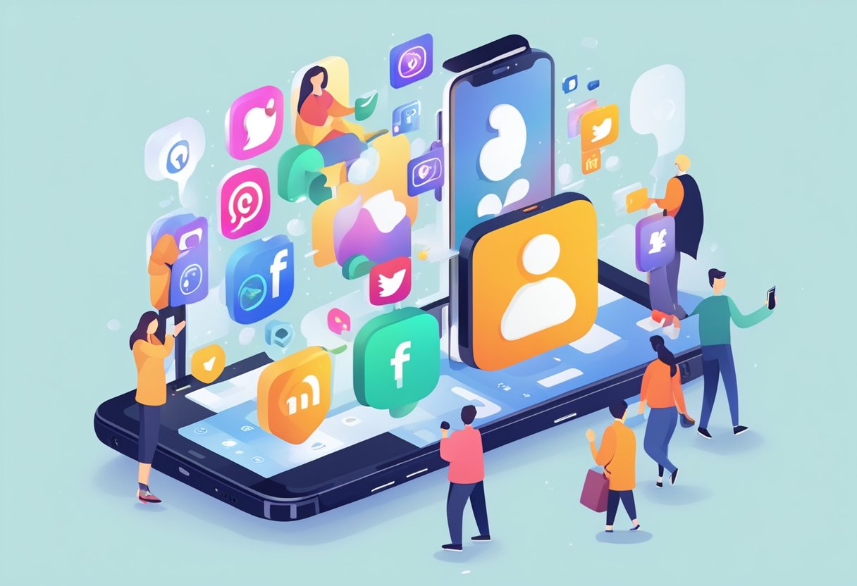 A smartphone displaying various social media icons surrounded by animated characters representing different animation services