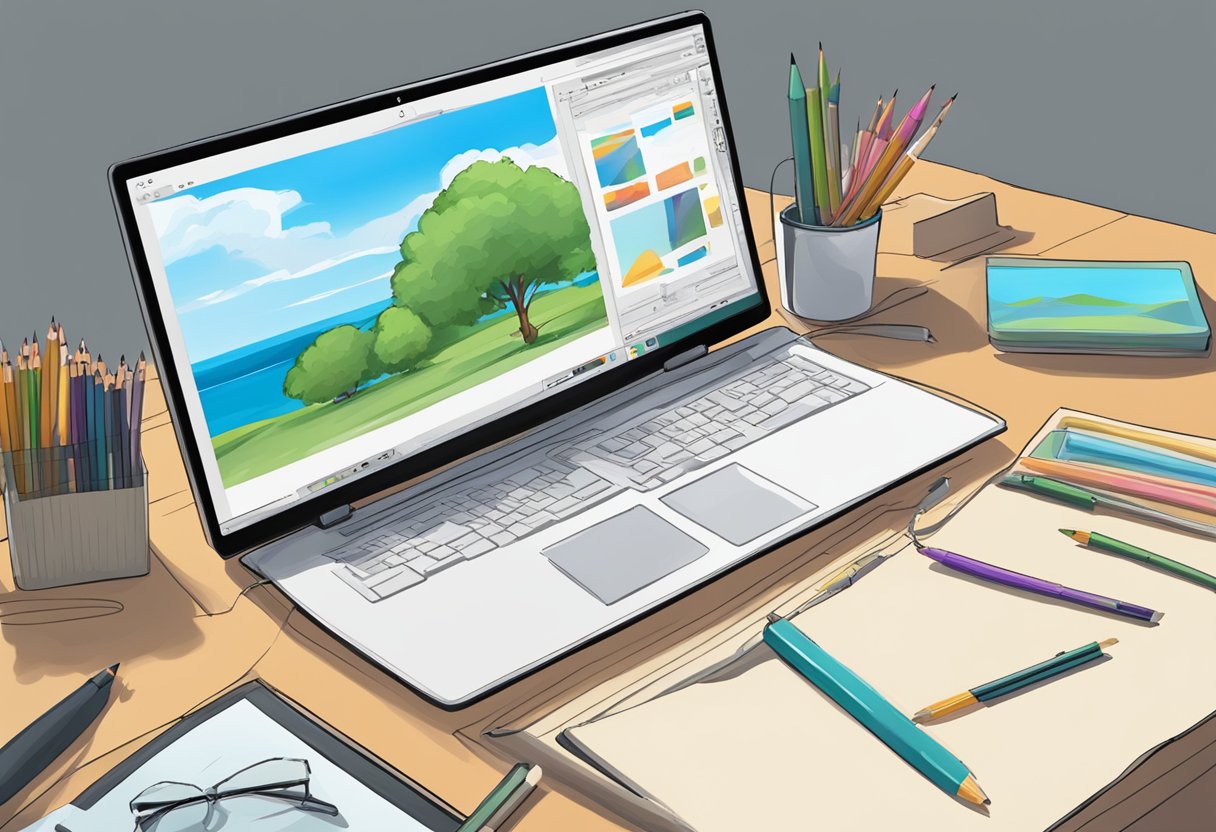 A computer screen displaying a series of animated frames, with a stylus and drawing tablet nearby