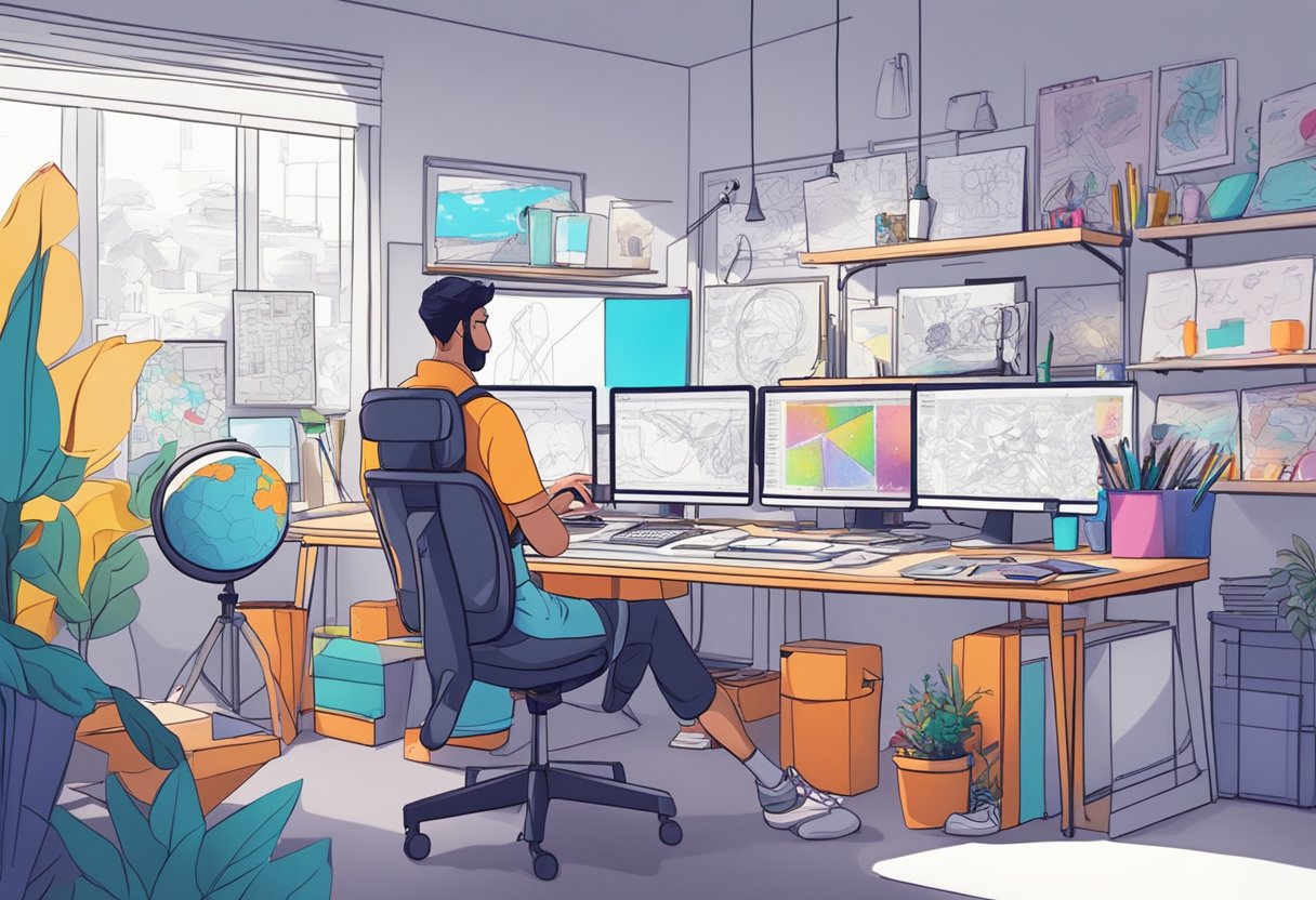A vibrant studio space filled with drawing tablets, animation software, and colorful concept art. An animator works at their desk, surrounded by sketches and storyboards
