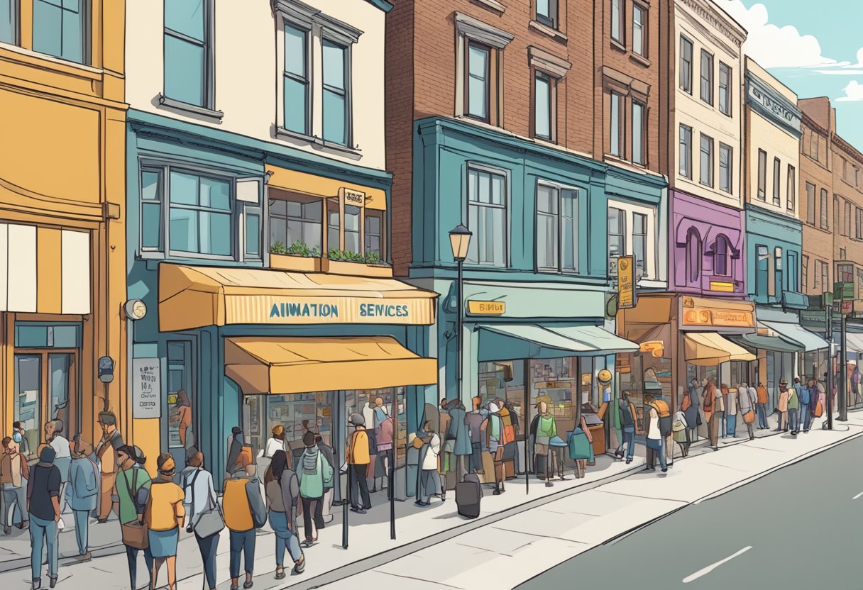 A bustling city street with multiple storefronts, featuring a prominent sign for "Animation Services" and a line of people waiting to inquire