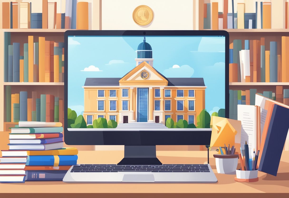 A university building and a computer screen with an online course platform, surrounded by books and educational materials
