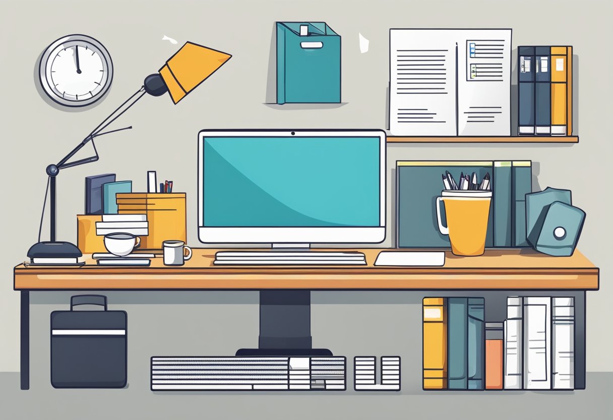 An office desk with a laptop, resume, and diploma. A chart showing career progression. Symbols of success and opportunity