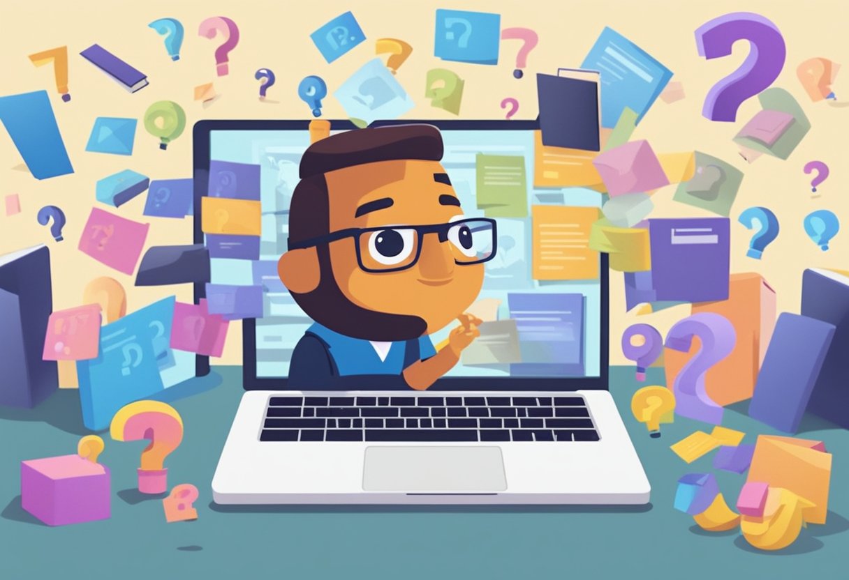 An animated character surrounded by question marks, with a laptop and educational materials in the background