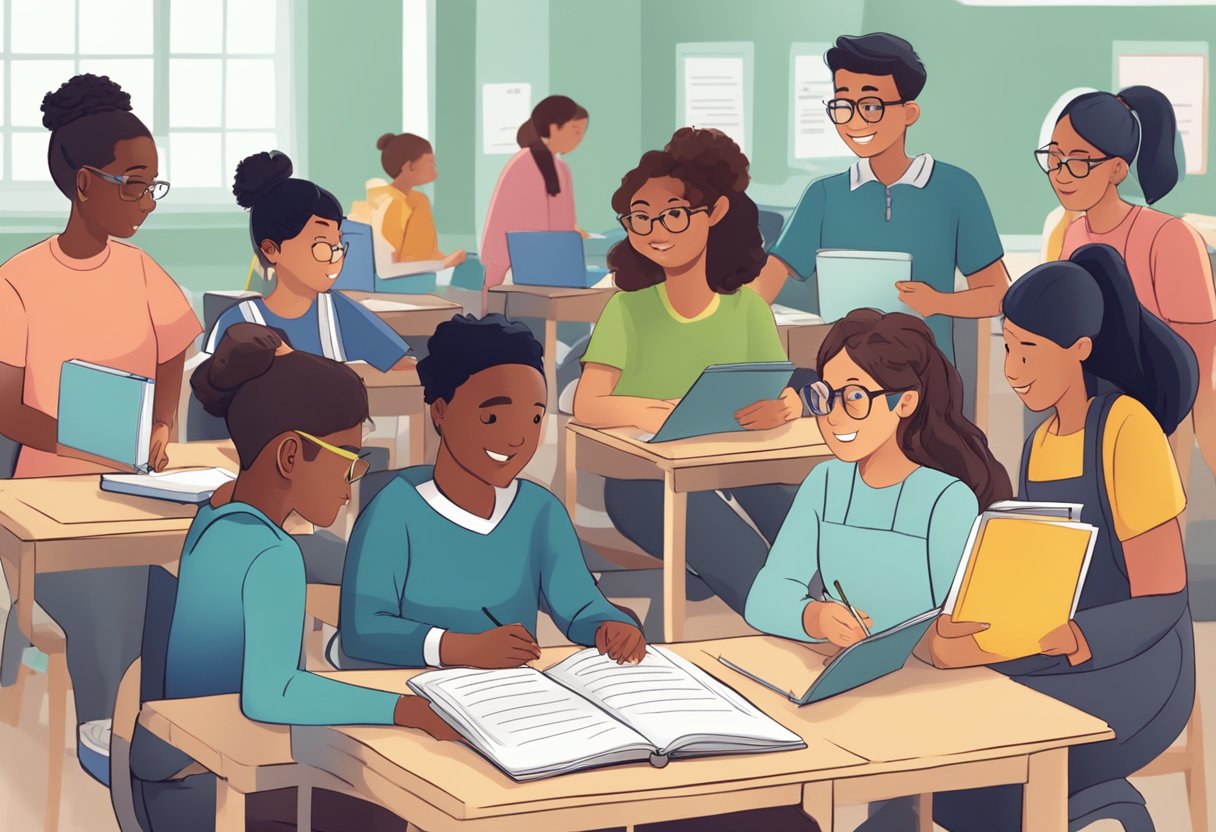 An animated scene showing diverse students engaging with accessible learning materials