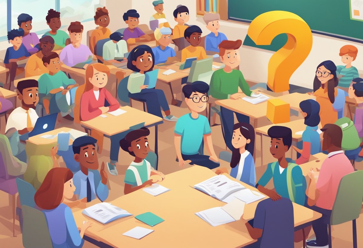 A group of animated characters interacting with question marks and engaging with students in a lively and dynamic setting