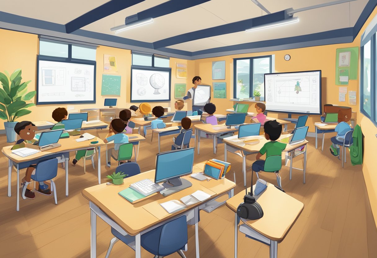 A classroom setting with animated characters and various tools for animation, such as drawing tablets and software, surrounded by examples of animated work