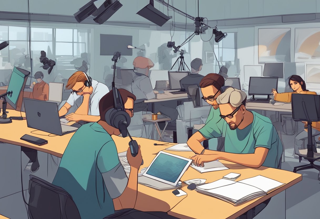 A group of animators using various techniques to produce animations in a studio setting