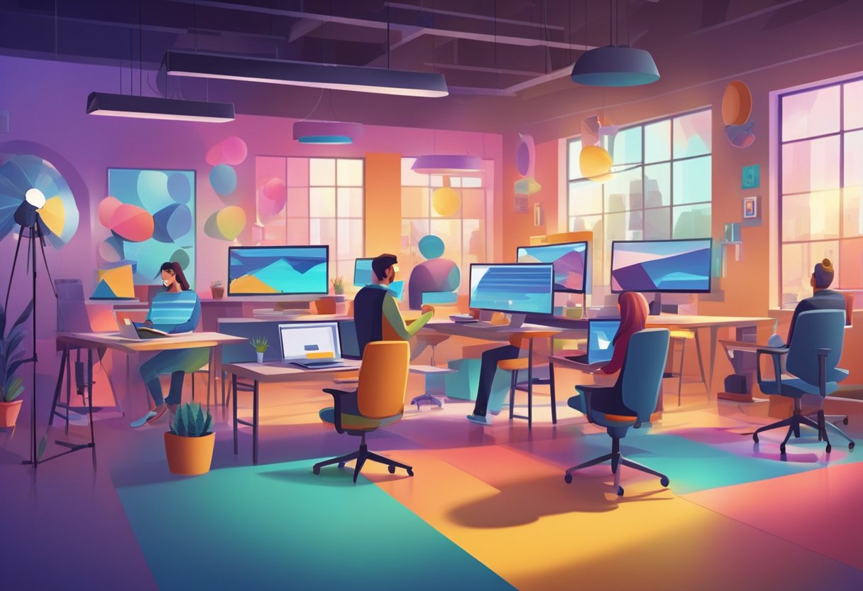 A colorful and dynamic animation studio with a team of specialists working on marketing and advertising projects