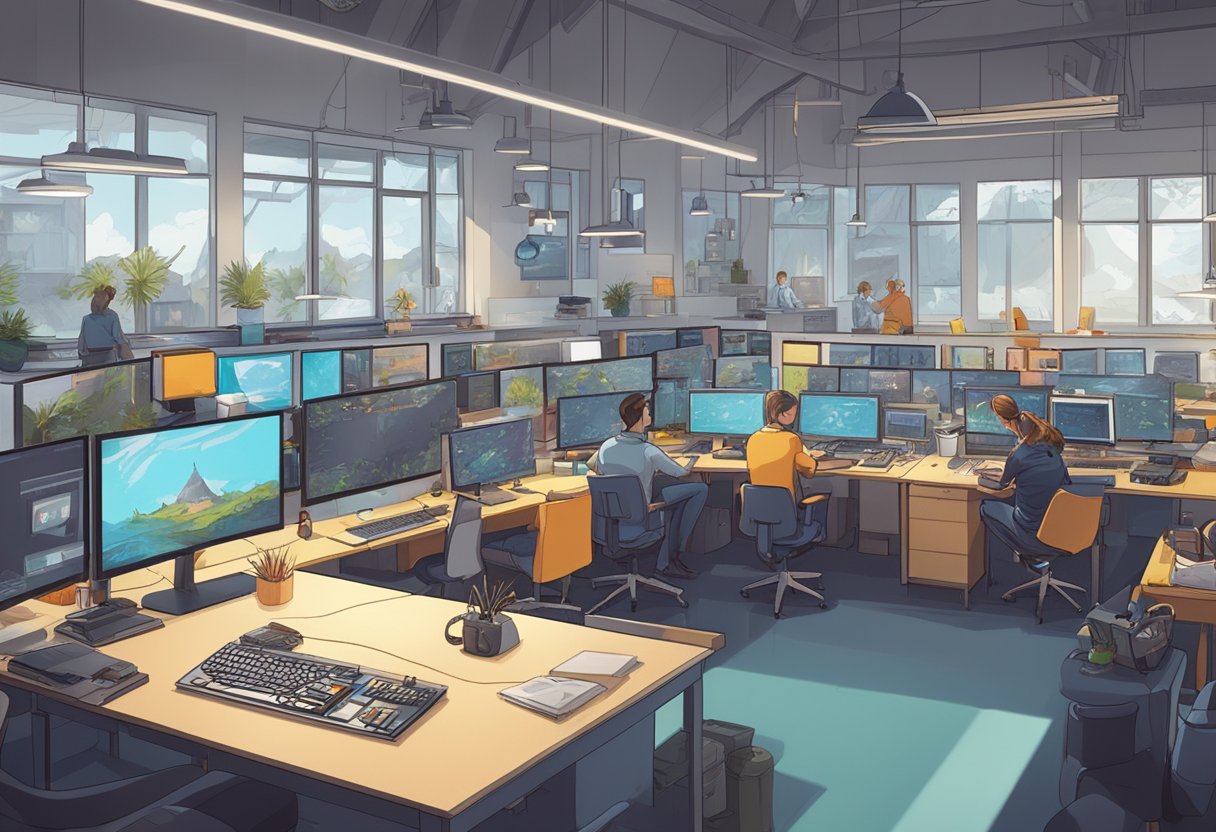 A bustling animation studio in the UK, filled with artists at work on cutting-edge technology and vibrant, imaginative designs