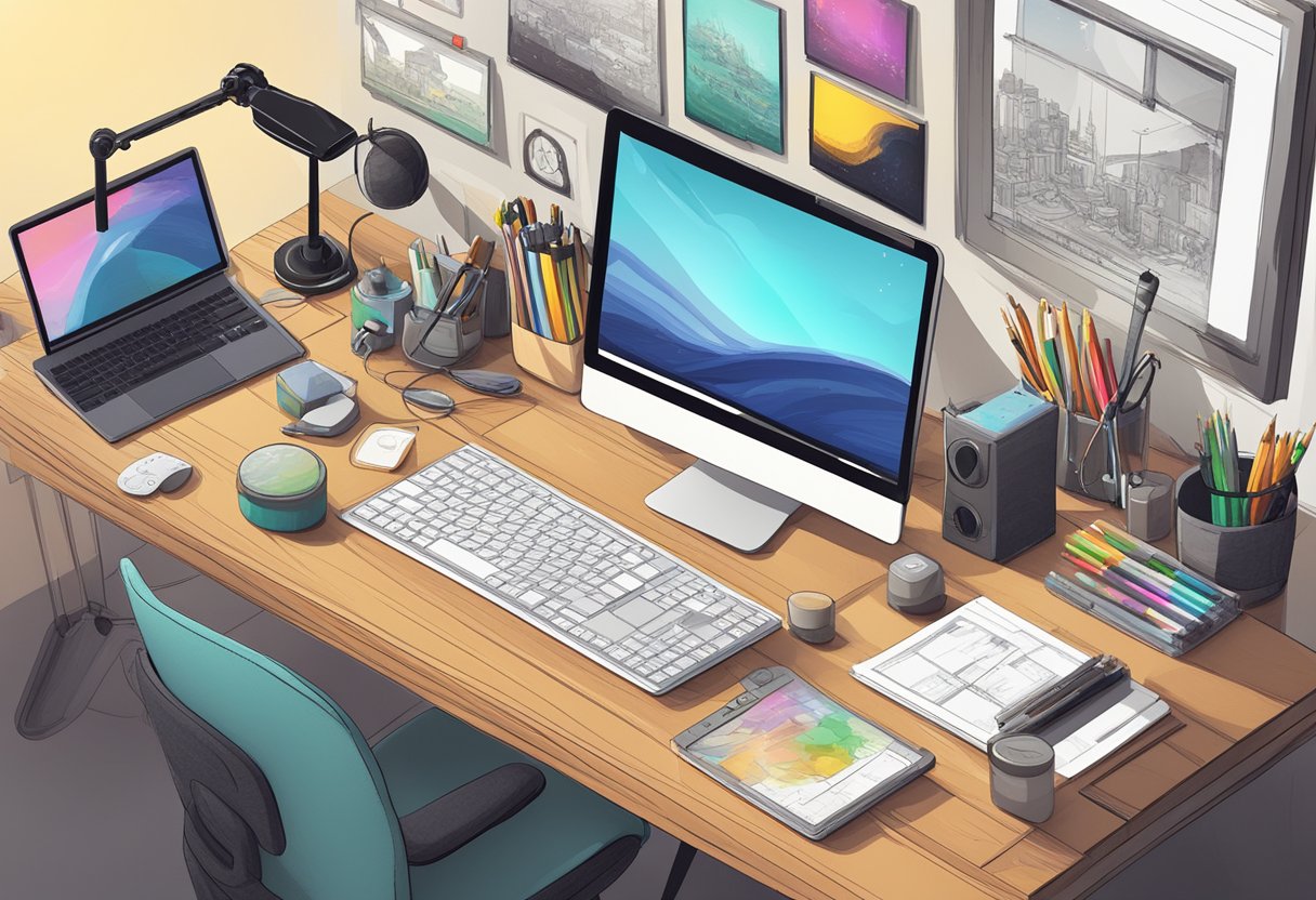 An animator's desk with a computer, drawing tablet, and various animation software and tools scattered around