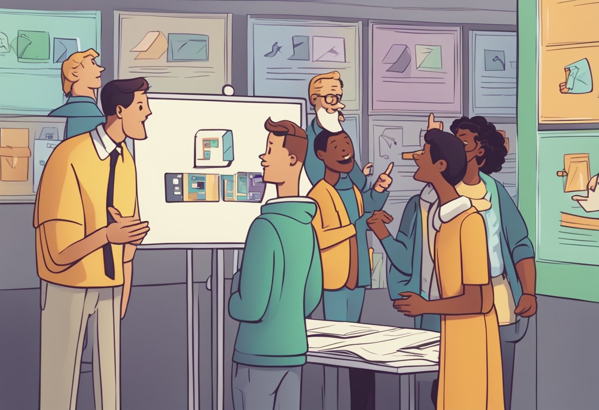 A group of animated characters gathered around a sign that reads "Frequently Asked Questions." They appear to be discussing and pointing at the sign with interest