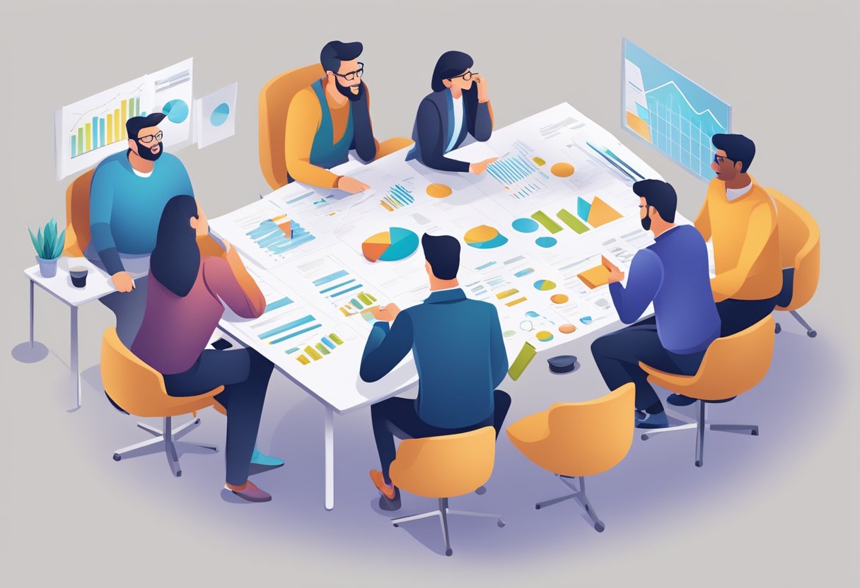 A group of animated characters brainstorming and strategizing around a table with charts and graphs