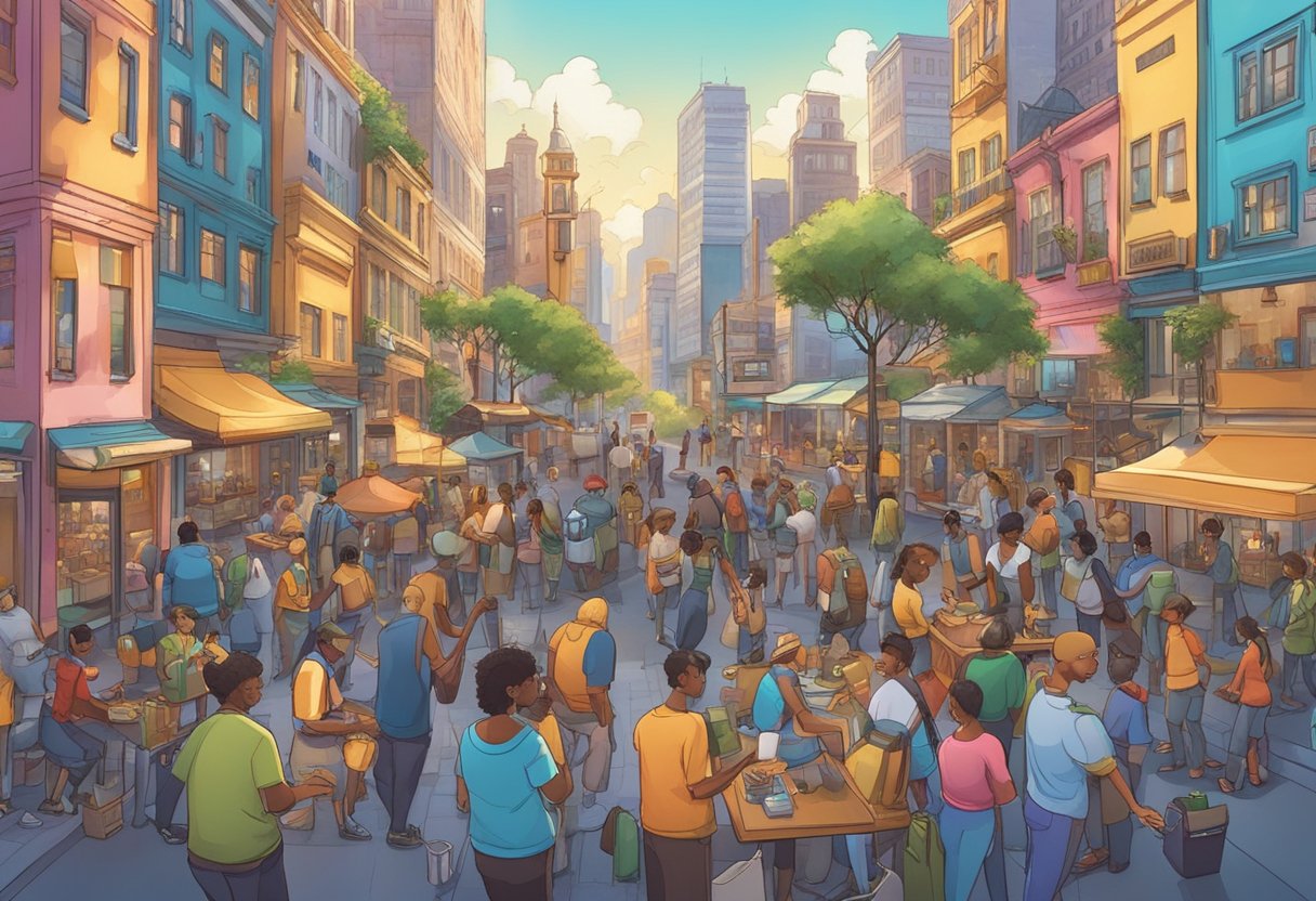 A group of animated characters gather in a vibrant, bustling city setting, exchanging ideas and collaborating on projects. The scene is filled with energy and creativity as the characters engage in networking and community building