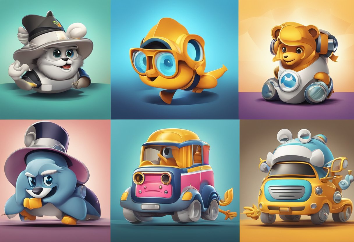 A series of animated logos and brand mascots morphing from traditional to modern styles, reflecting the evolution of corporate animation