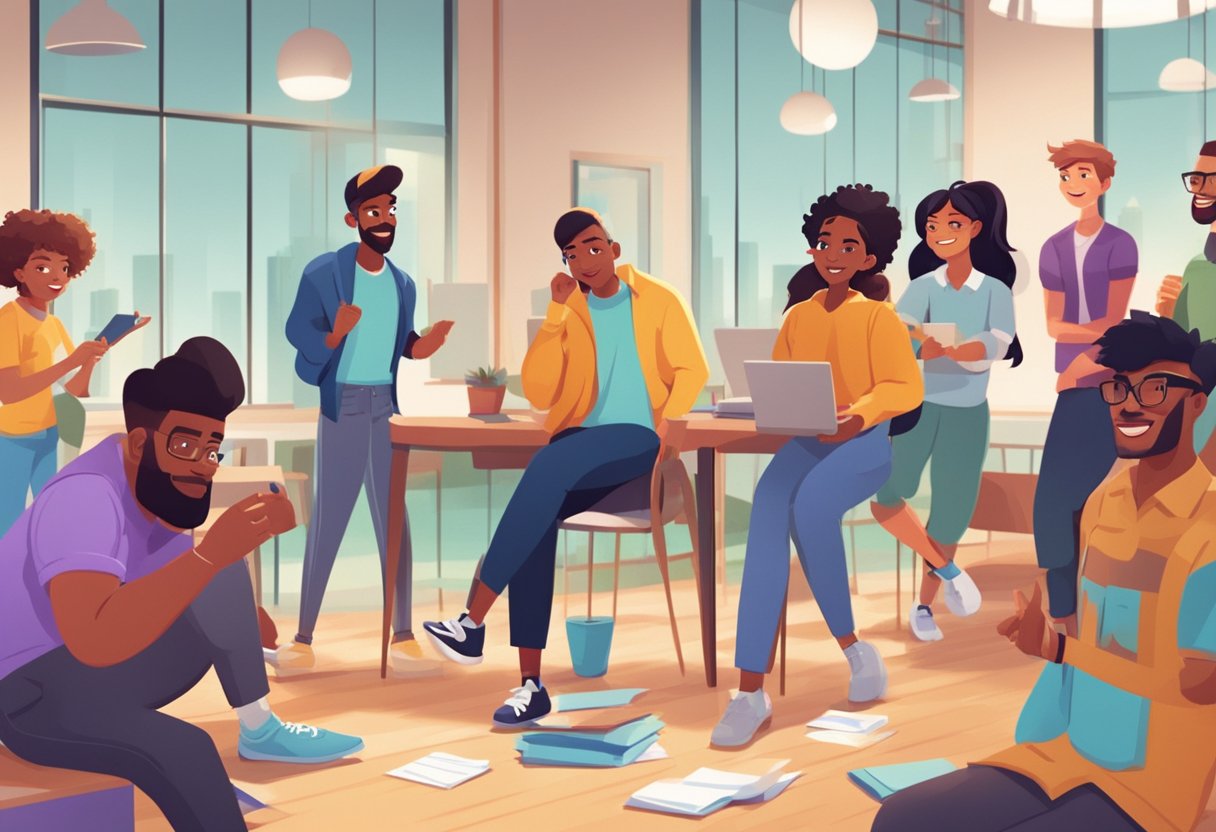 A group of diverse animated characters engage in various activities, showcasing different animation styles