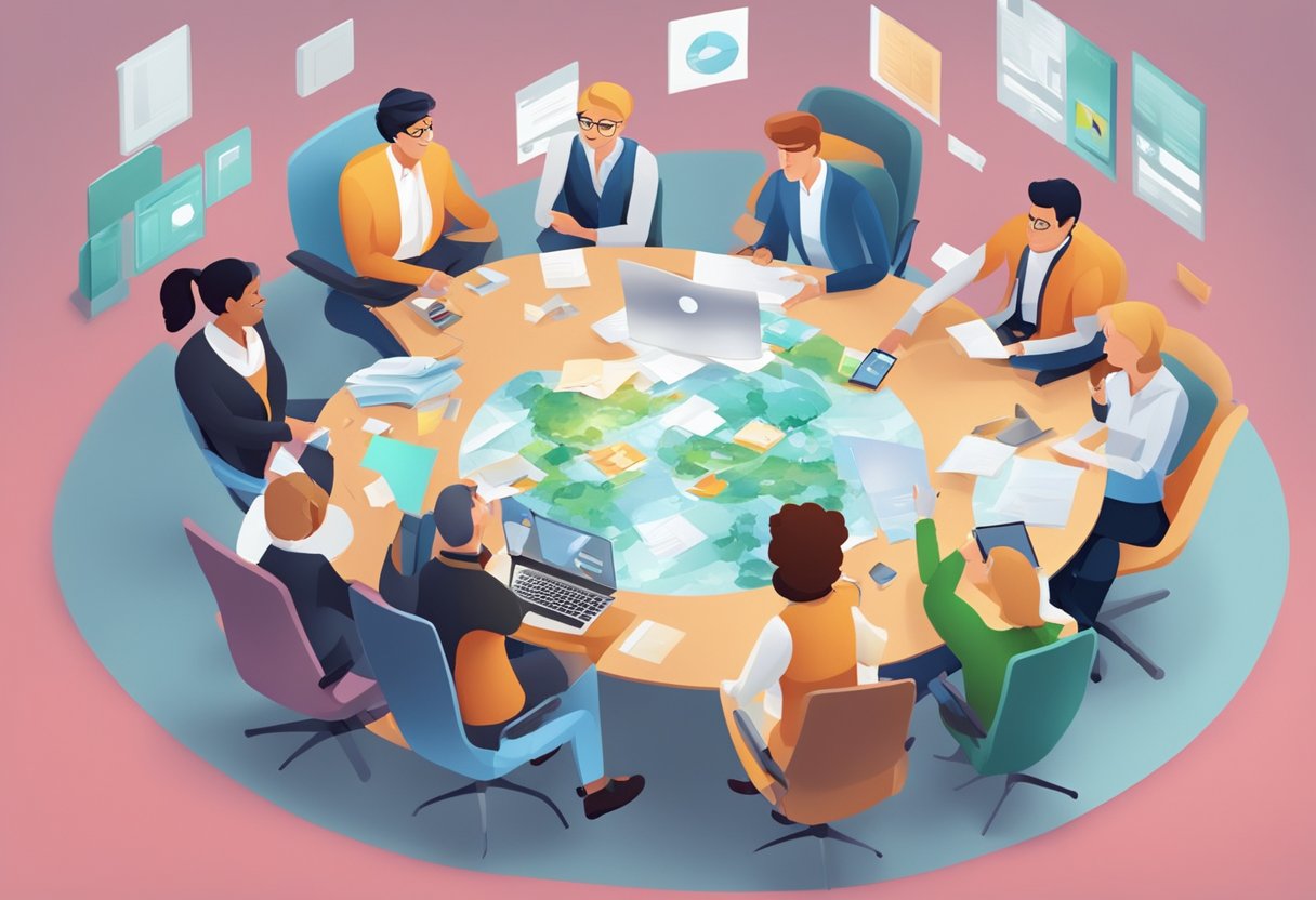 A group of animated characters interact with various storytelling elements in a corporate setting