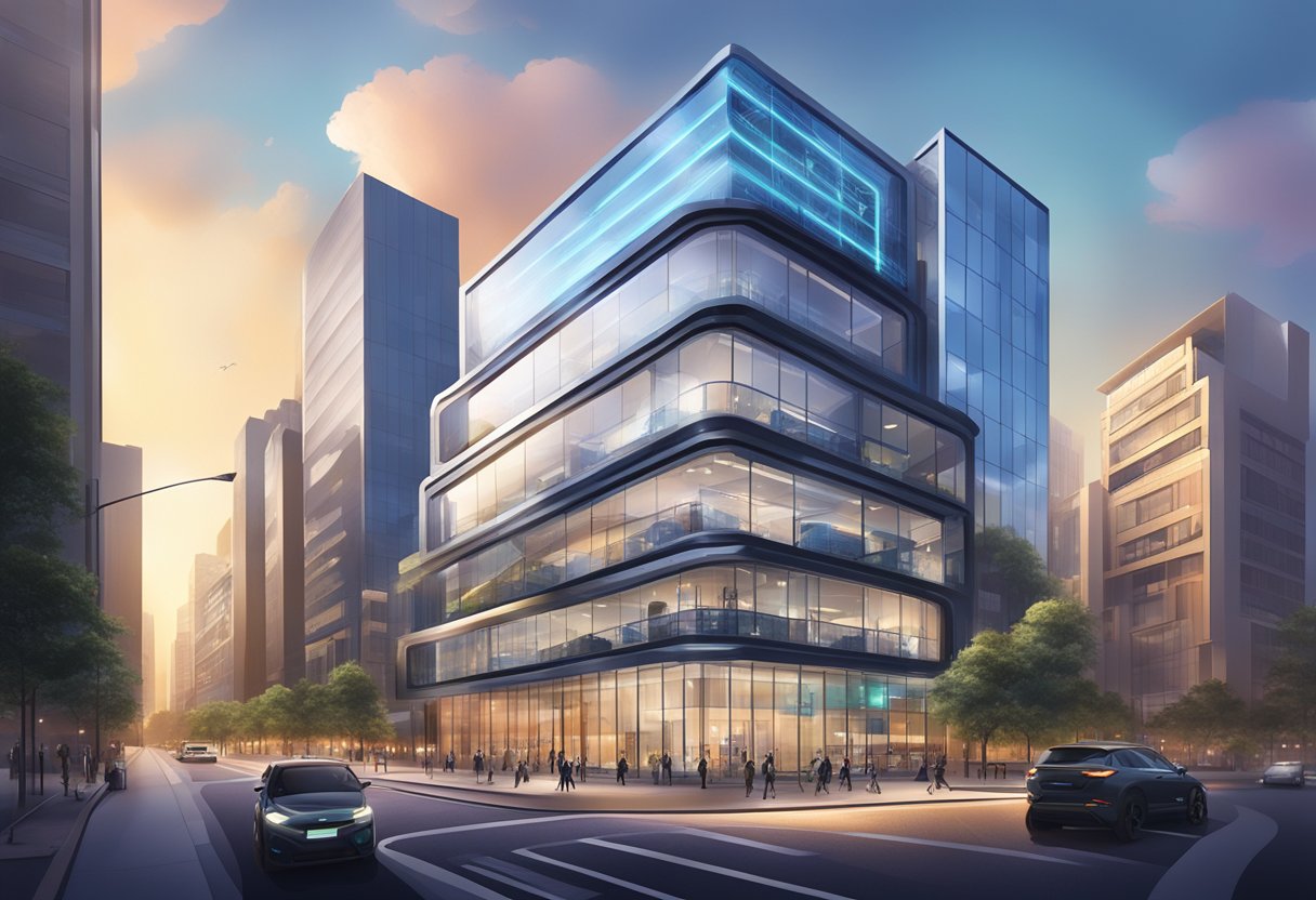A sleek, modern office building with a glowing logo, surrounded by bustling city streets and various forms of media advertising