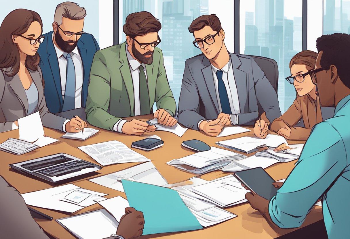 A group of professionals gathered around a conference table, discussing and brainstorming ideas for corporate animation