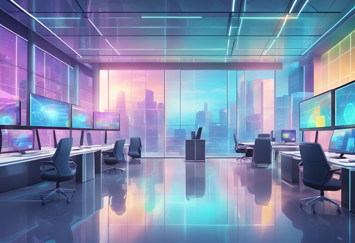 A futuristic corporate office with animated holographic displays and sleek, modern technology