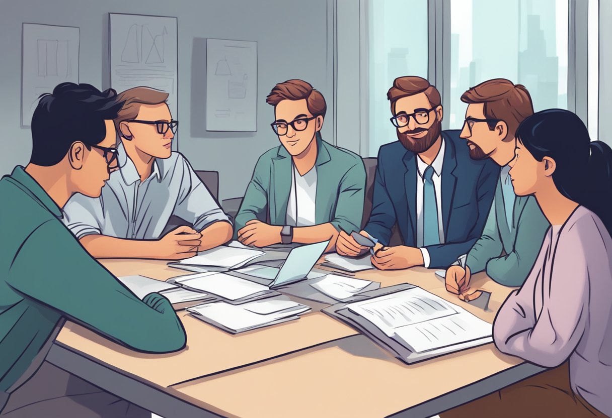 A group of corporate animation experts gathered around a table, discussing and brainstorming ideas for a Frequently Asked Questions video