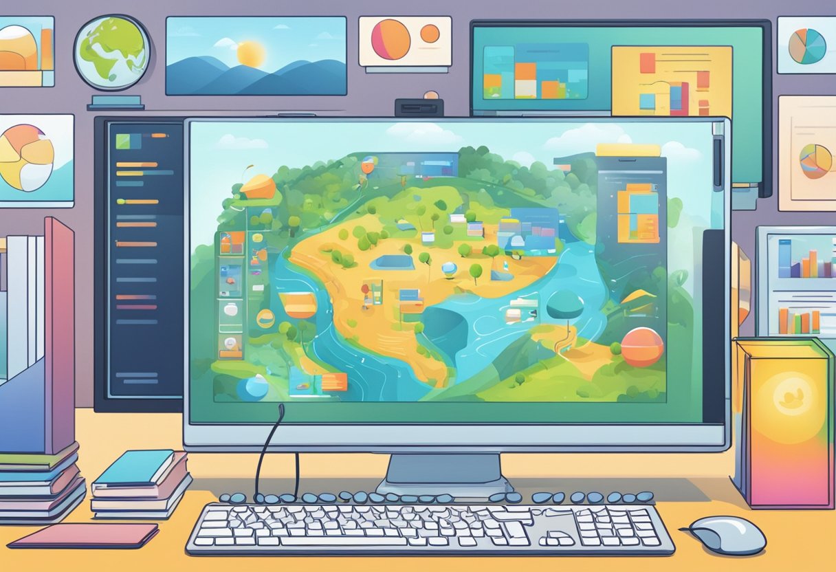 A computer screen displaying animated graphics with educational content