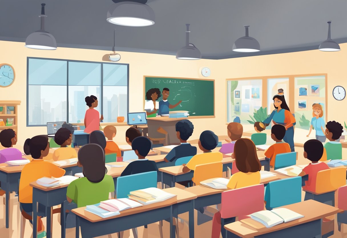 A classroom with animated characters teaching various subjects to a diverse group of students