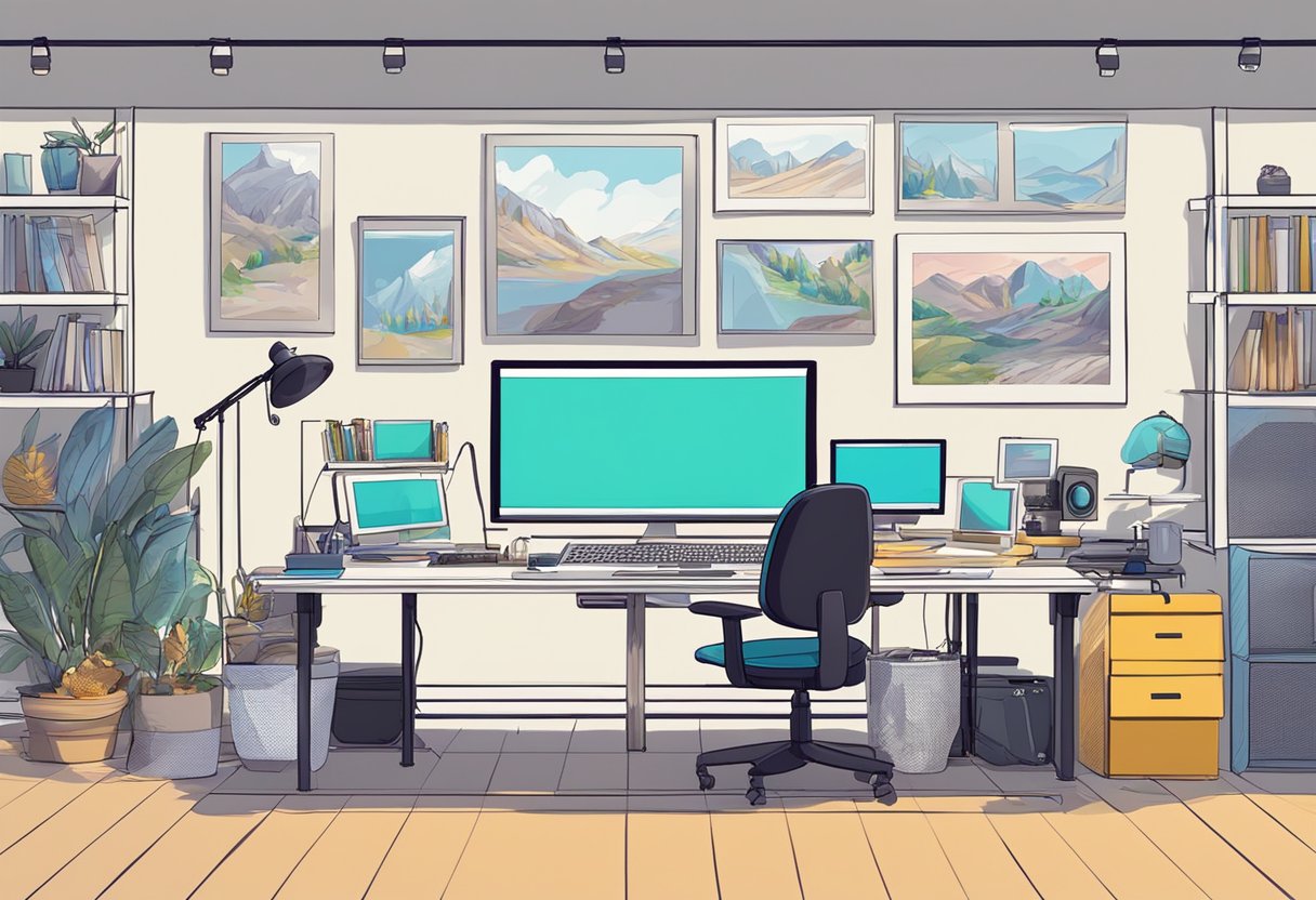 A colorful and dynamic animation studio with various tools and equipment, including a computer, drawing tablet, and storyboard sketches
