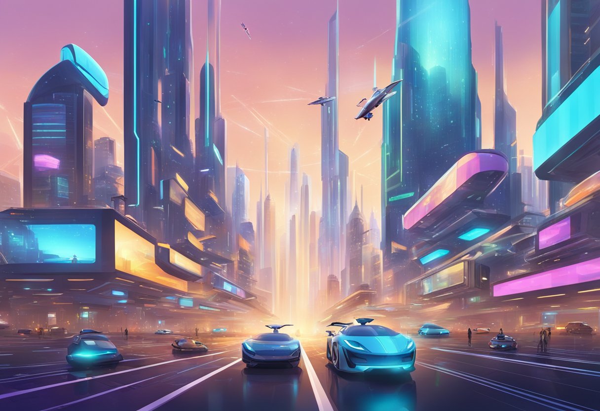 A futuristic cityscape with holographic animated billboards and flying vehicles