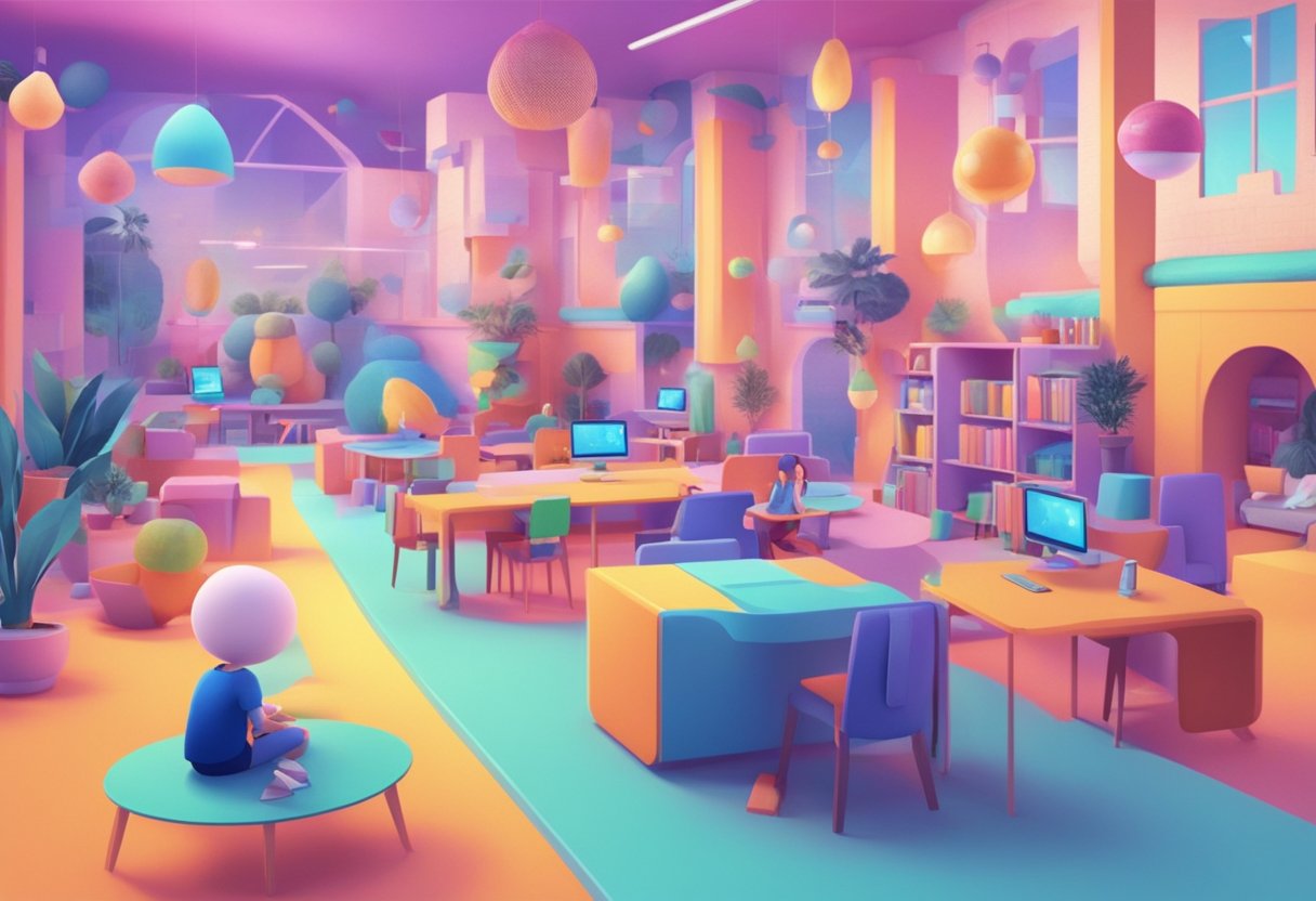 A colorful virtual world with interactive elements and animated characters teaching educational content