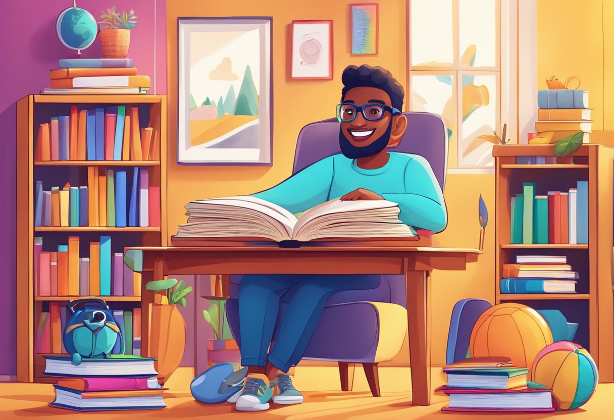 A colorful animated scene with books, pencils, and educational props arranged around a vibrant, engaging voice speaking confidently about educational topics