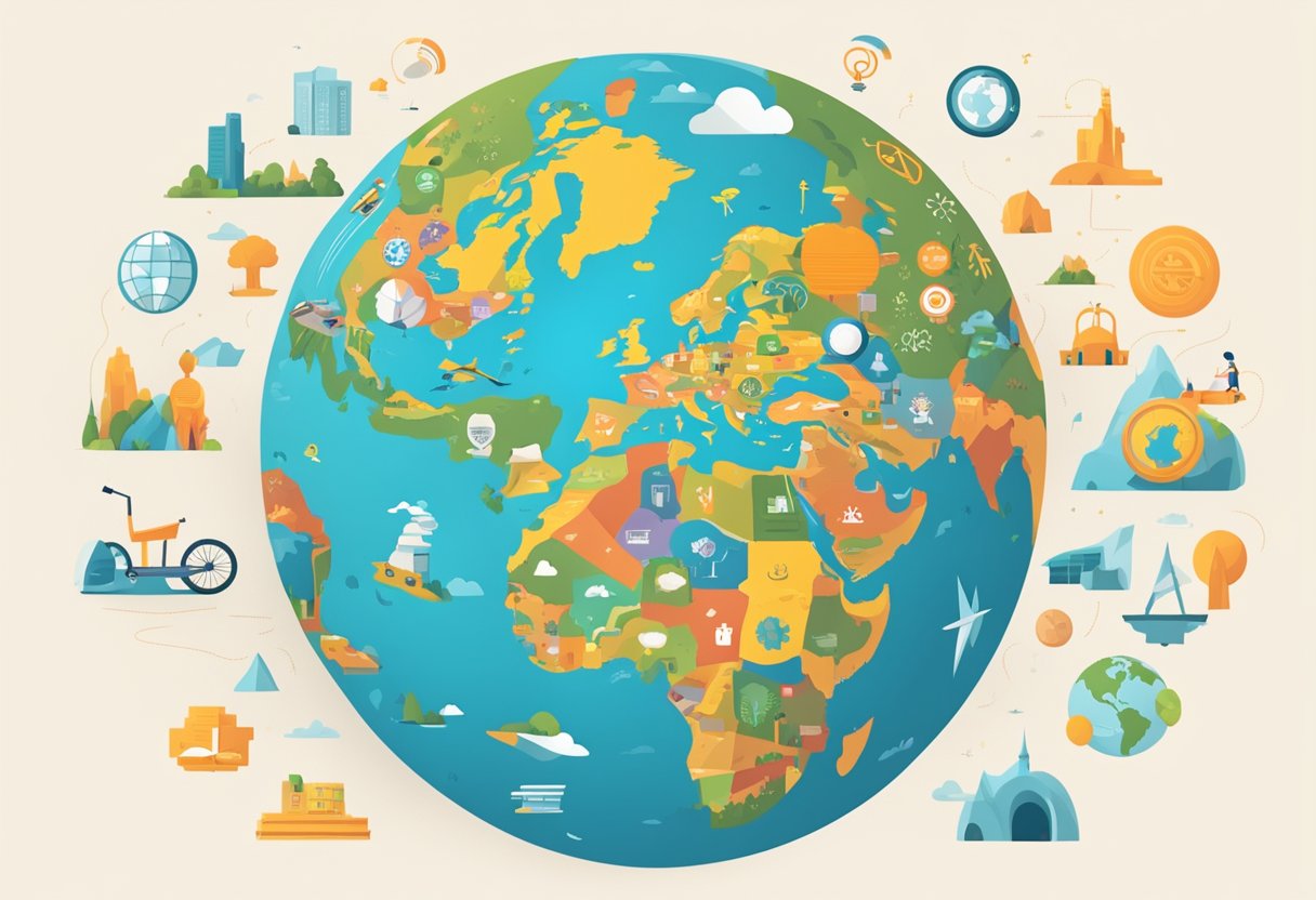 An animated globe surrounded by diverse symbols and icons representing different languages and accessibility features