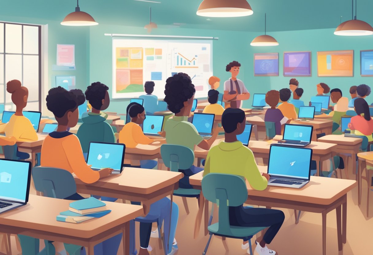 A classroom setting with animated characters interacting with AI devices