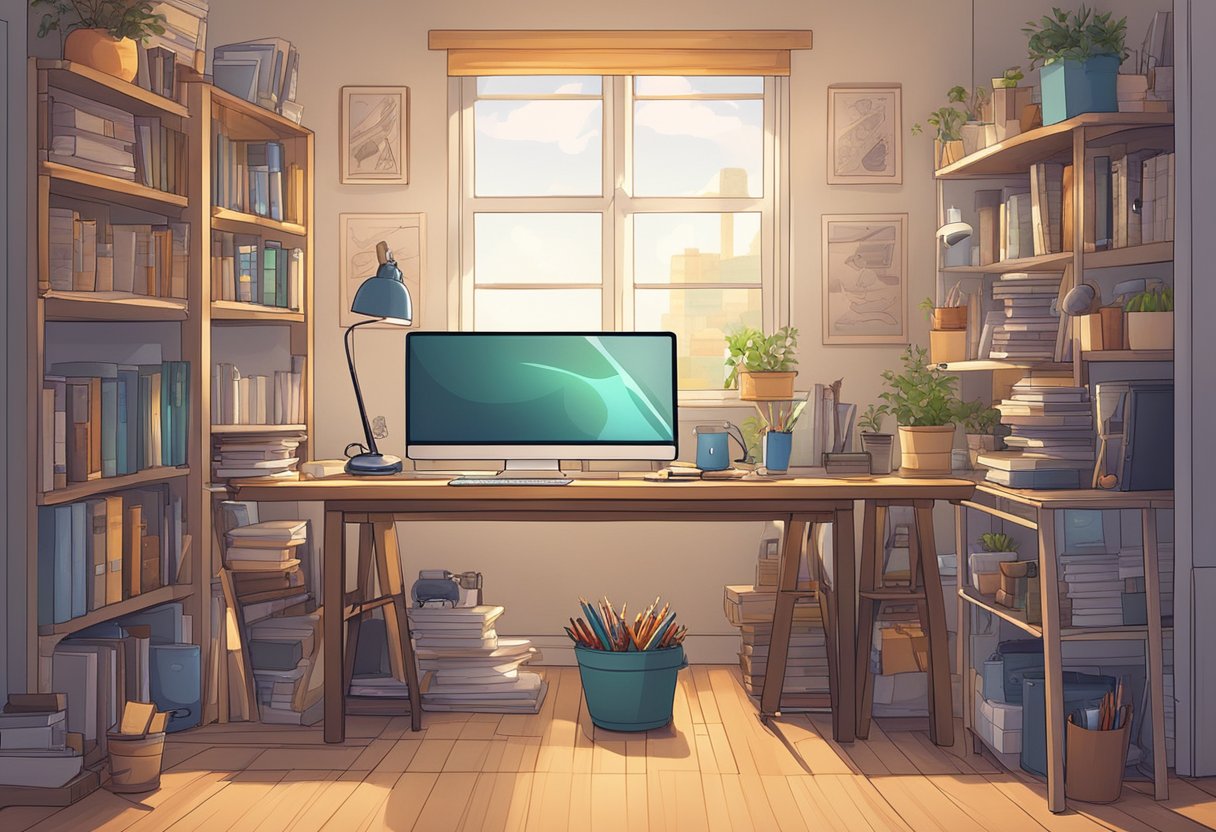 An animator's desk with a computer, drawing tablet, and various art supplies. A bookshelf filled with animation reference books and a cozy, well-lit workspace