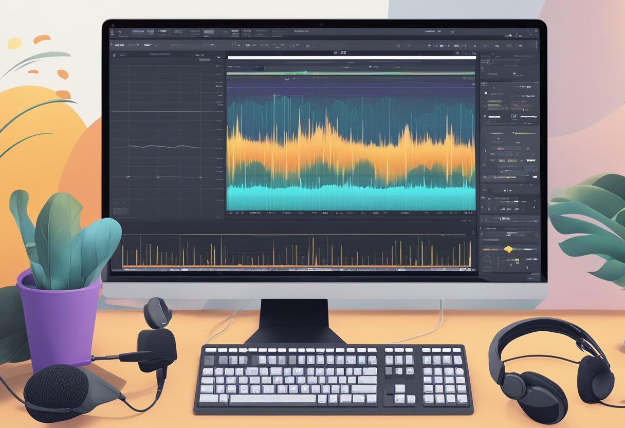 A computer desk with video editing software, microphone, and headphones surrounded by animated voice waveforms