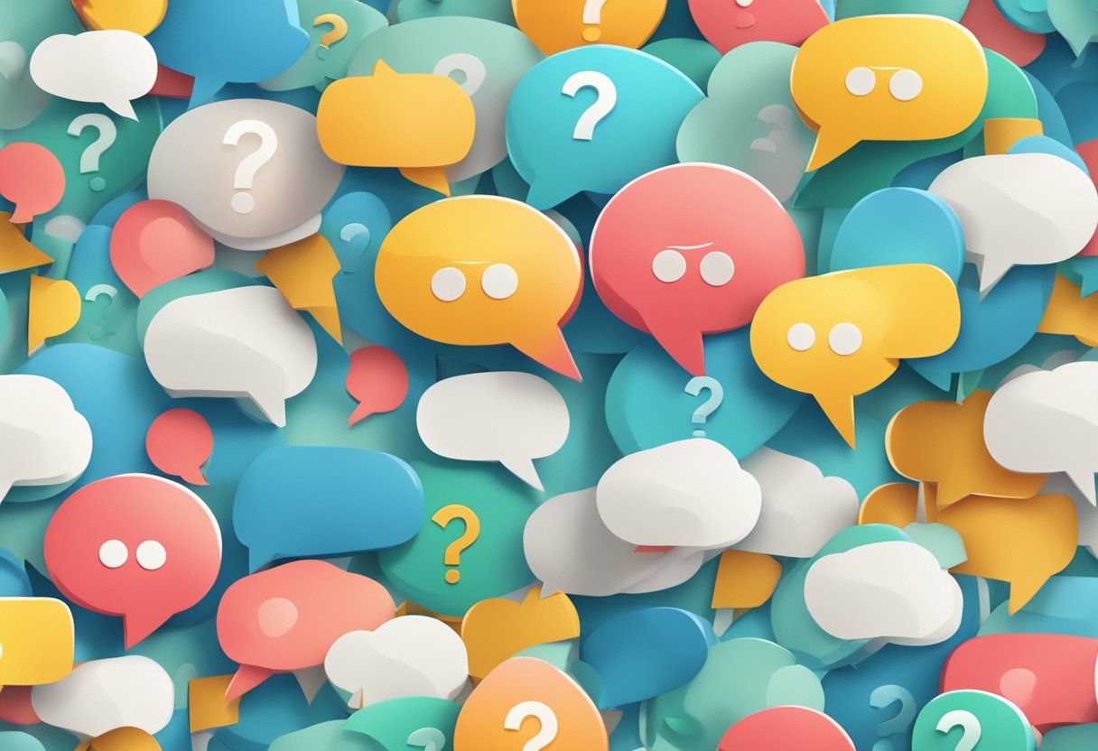 A stack of colorful speech bubbles with question marks, surrounded by animated educational symbols and icons