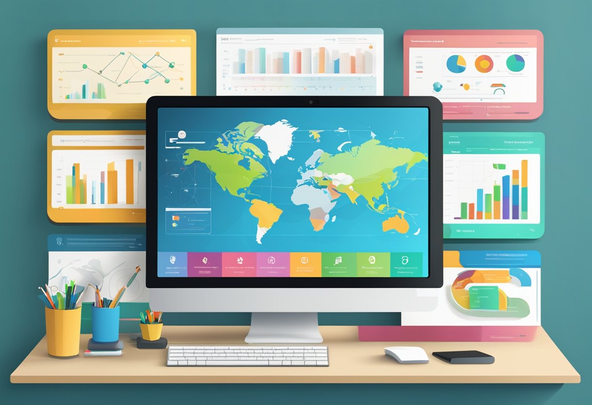 A computer screen displaying interactive educational infographics with various technological tools and software icons