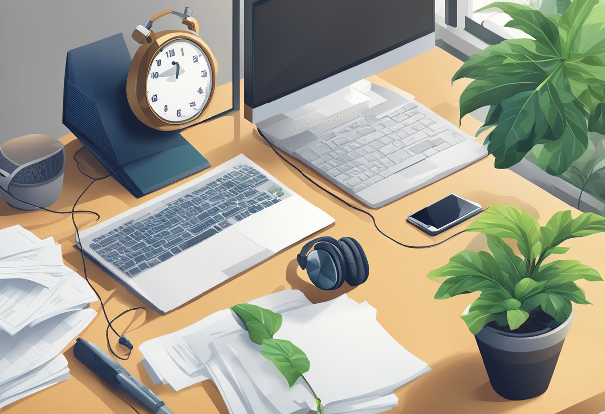 An office desk with a computer, microphone, and headphones. A stack of papers with "FAQ" written on top. A globe and a plant in the background