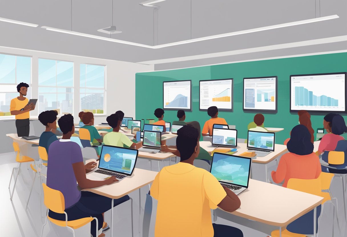 A classroom setting with students interacting with digital simulations on tablets and computers