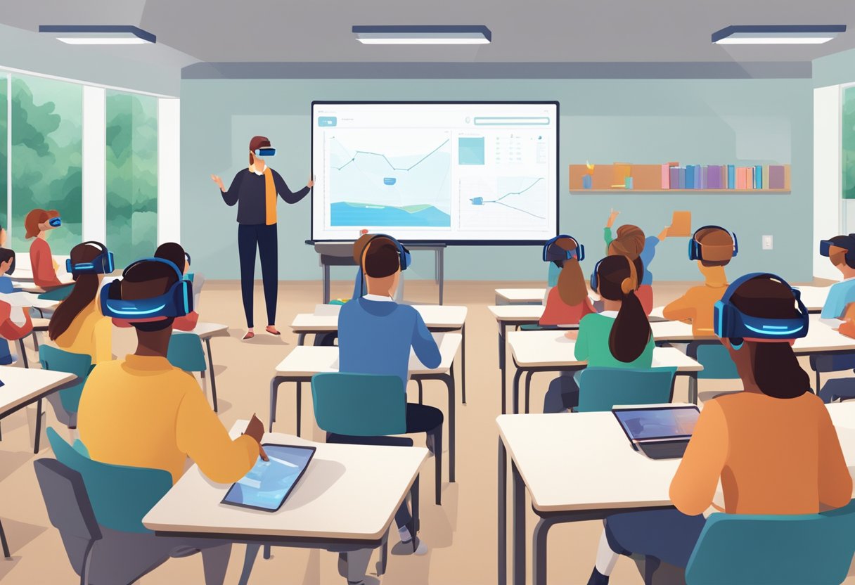 A classroom with VR headsets on desks, students interacting with virtual environments projected on a large screen, and a teacher guiding the lesson