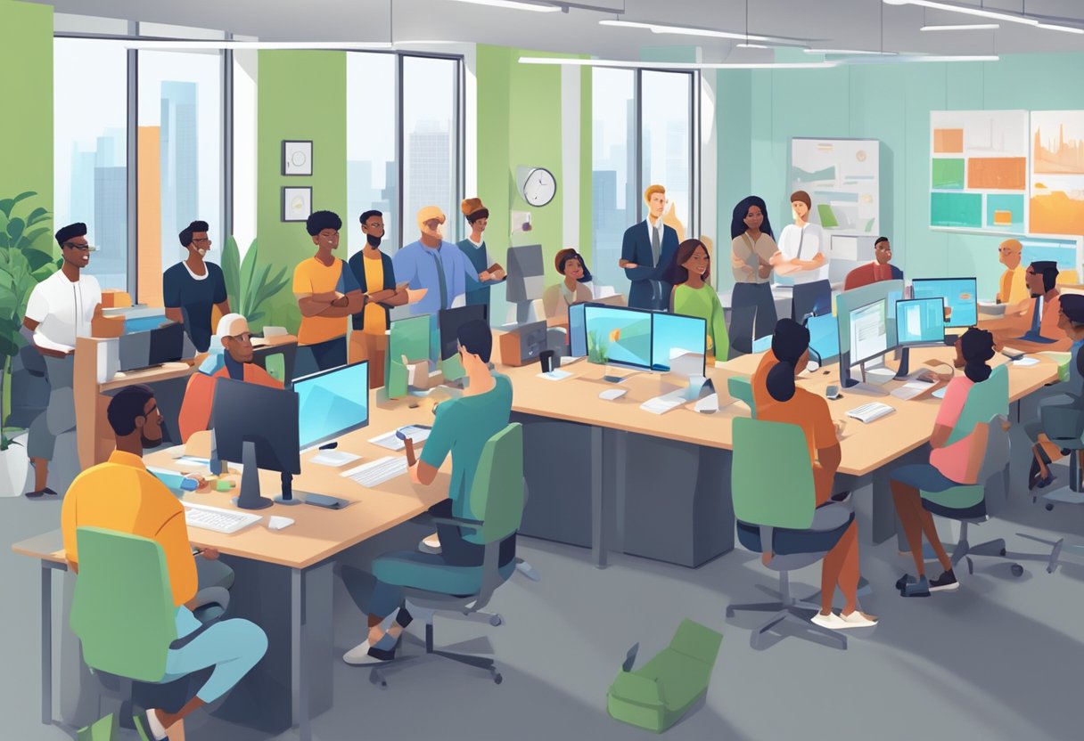 A diverse group of animated characters engage with various training videos in a modern office setting