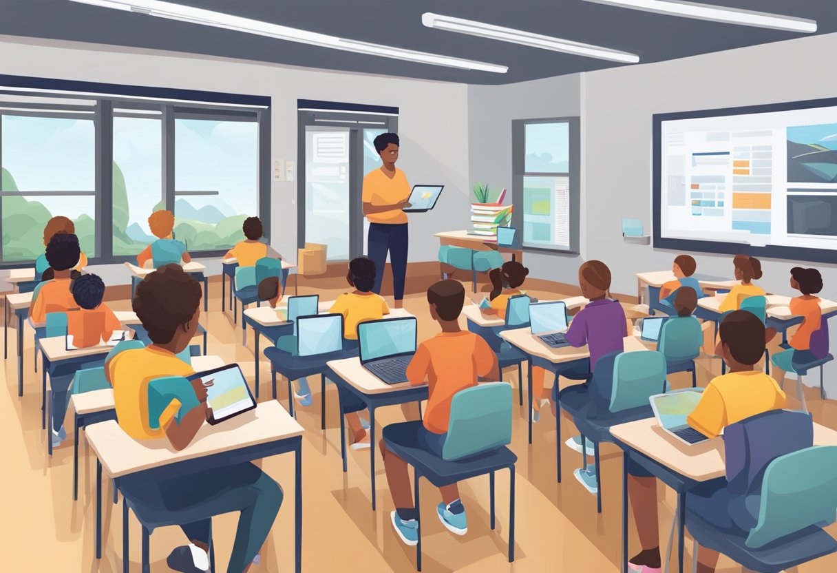 A classroom with students engaging with digital devices, while a teacher integrates online resources into the lesson