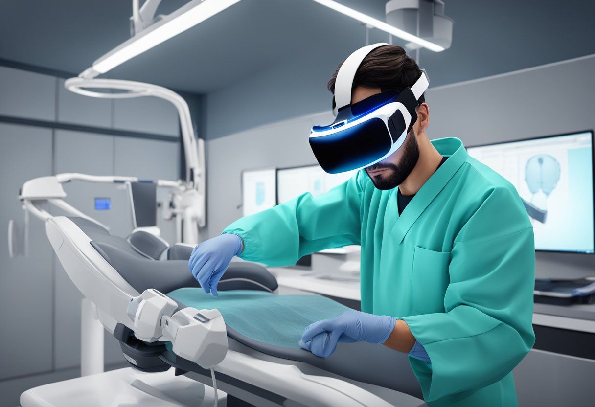 A medical professional using a virtual reality headset to practice surgical procedures on a digital patient in a high-tech training facility