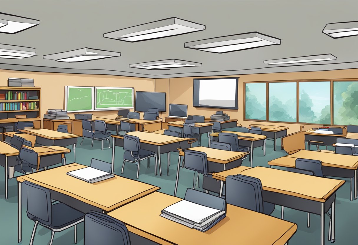 A classroom with outdated technology, struggling to integrate animated learning materials