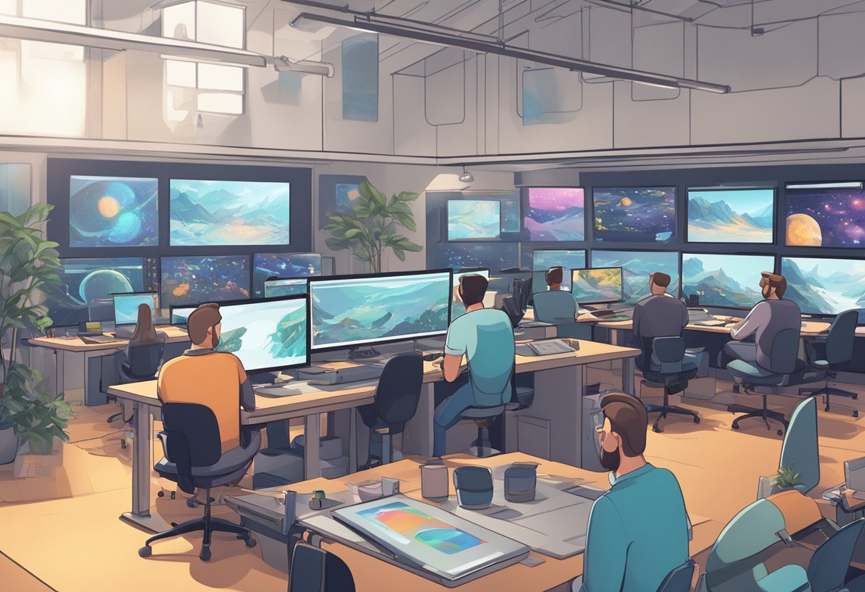 A bustling animation studio with artists creating VFX for a futuristic animated scene. Computer screens and digital tablets fill the room