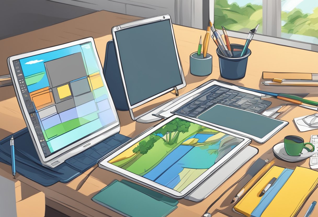 A computer with a stylus creating animated characters and scenes on a digital drawing tablet