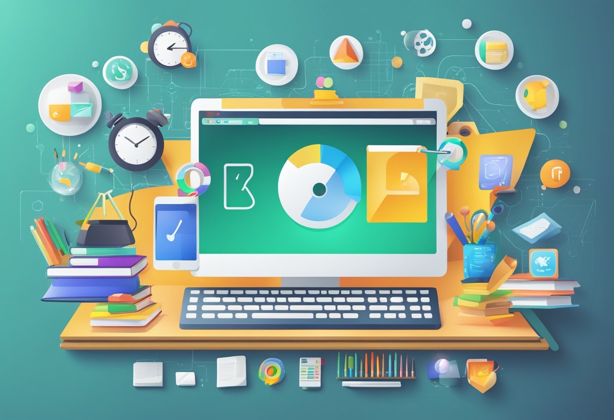A computer screen with various educational software icons and tools displayed, surrounded by animated elements representing learning and creativity