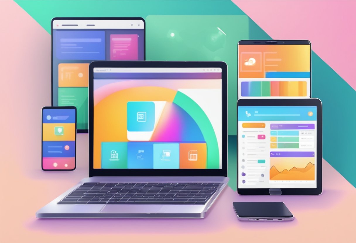 A laptop, tablet, and smartphone display interactive educational videos on platforms for content distribution