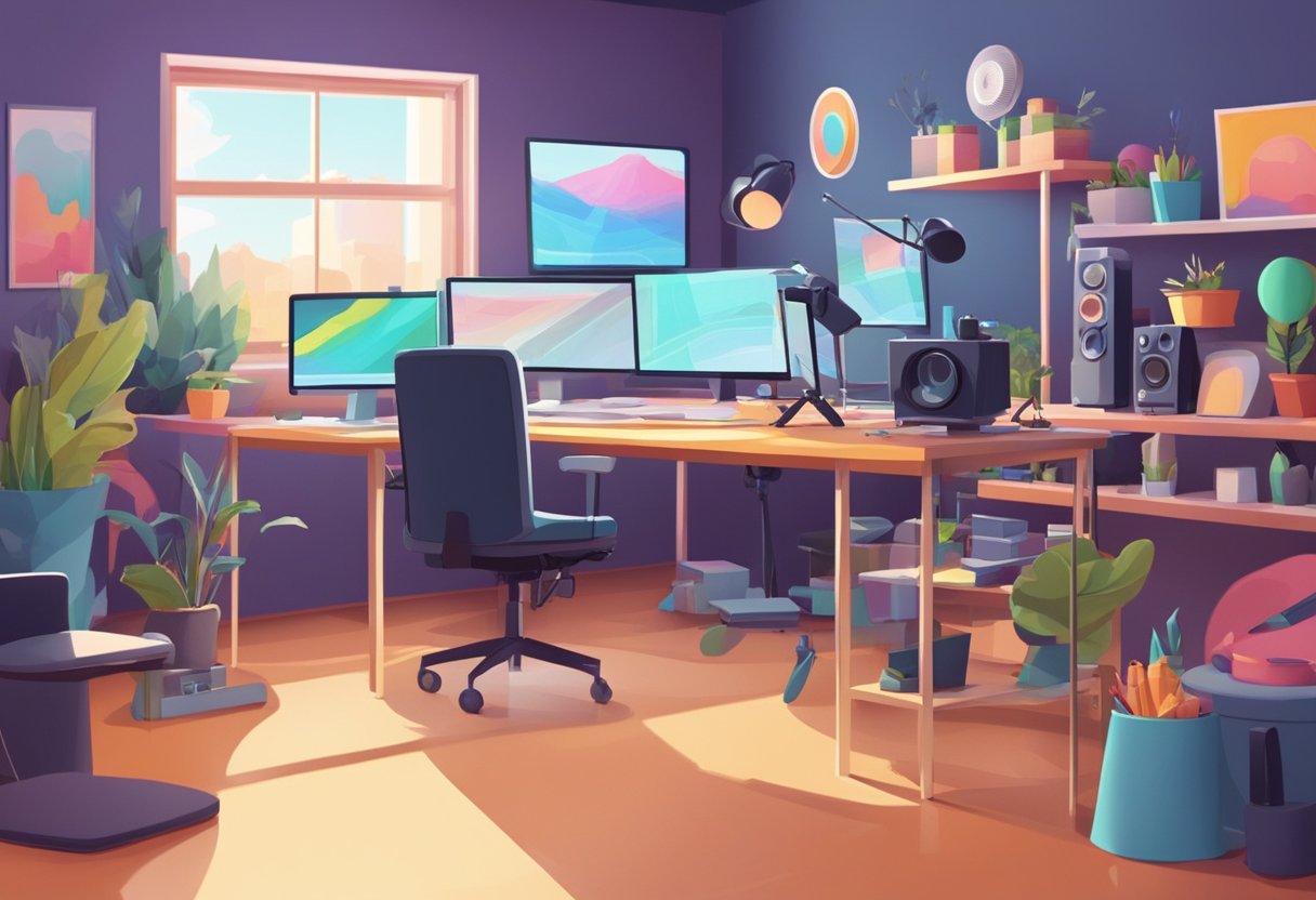A colorful animation studio with computers, cameras, and props, where creators brainstorm and produce interactive educational videos